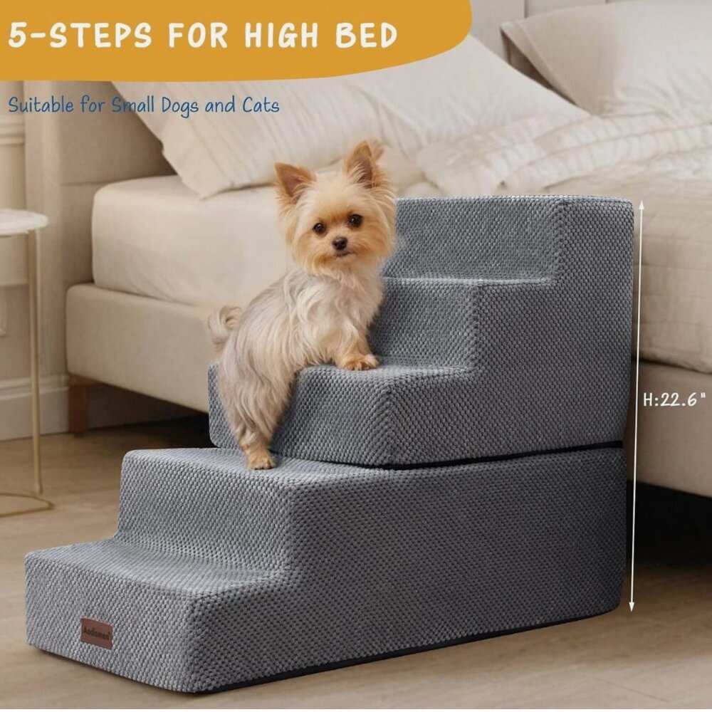 5-Step Dog Stairs for High Beds, Non-Slip Pet Steps, Grey, 22.6" H